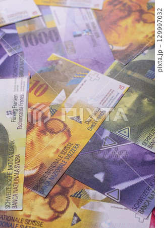 Swiss money, franc, paper banknotes, cash. Switzerland money 129997032