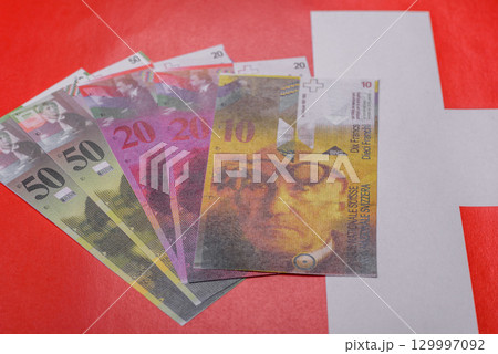 Swiss money, franc, paper banknotes, cash. Switzerland money 129997092