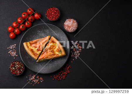 Quiche, salmon pie, broccoli, cheese. Quiche tart with fish and vegetables, cheese Quiche, salmon pie, broccoli, cheese. Quiche tart with fish and vegetables, cheese 129997259