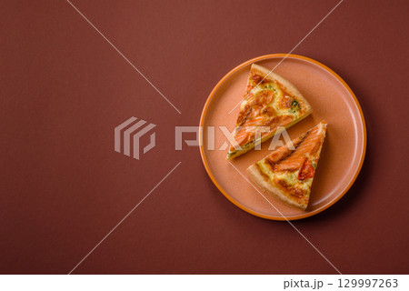 Quiche, salmon pie, broccoli, cheese. Quiche tart with fish and vegetables, cheese Quiche, salmon pie, broccoli, cheese. Quiche tart with fish and vegetables, cheese 129997263