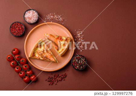 Quiche, salmon pie, broccoli, cheese. Quiche tart with fish and vegetables, cheese Quiche, salmon pie, broccoli, cheese. Quiche tart with fish and vegetables, cheese 129997276