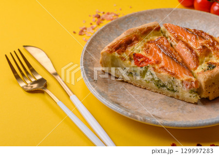 Quiche, salmon pie, broccoli, cheese. Quiche tart with fish and vegetables, cheese Quiche, salmon pie, broccoli, cheese. Quiche tart with fish and vegetables, cheese 129997283