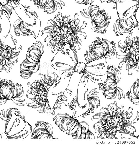 Seamless pattern of chrysanthemums buds and bows. For packaging design, cards, cover, prints, product labels and fabric. Seamless pattern of chrysanthemums buds and bows. For packaging design, cards, cover, prints, product labels and fabric. 129997652