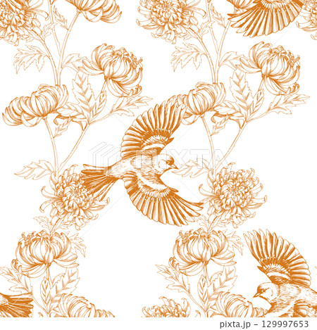 Seamless pattern of chrysanthemums and birds. For packaging design, cards, cover, prints, product labels and fabric. 129997653