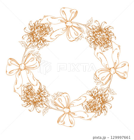 Wreath of chrysanthemums and bows. Wreath of vector ink styled orange chrysanthemums 129997661