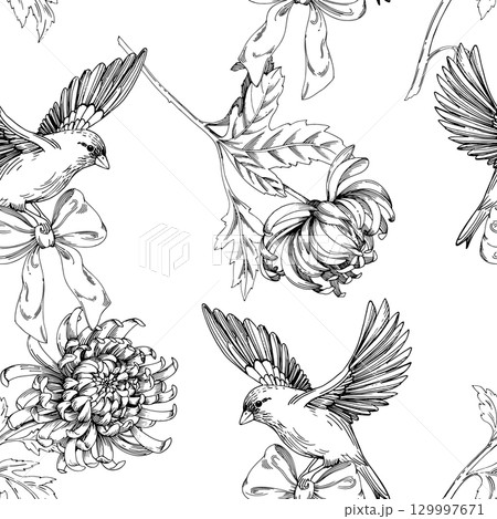 Seamless pattern of chrysanthemums and birds. For packaging design, cards, cover, prints, product labels and fabric. Seamless pattern of chrysanthemums and birds. For packaging design, cards, cover, prints, product labels and fabric. 129997671