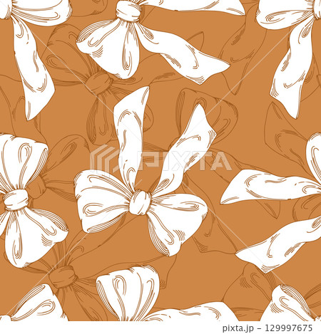 Seamlesss pattern of bows on a orange background. For packaging design, cards, cover, prints, product labels and fabric. Seamlesss pattern of bows on a orange background. For packaging design, cards, cover, prints, product labels and fabric. 129997675