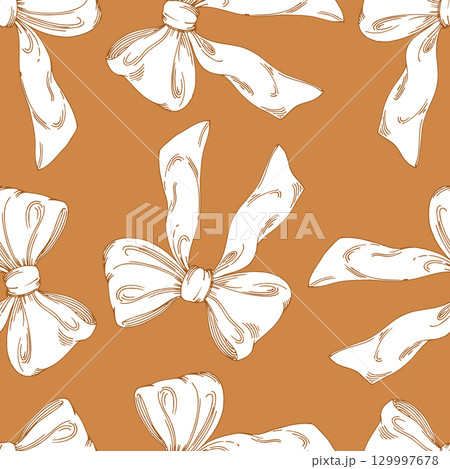 Seamlesss pattern of bows on a orange background. For packaging design, cards, cover, prints, product labels and fabric. 129997678