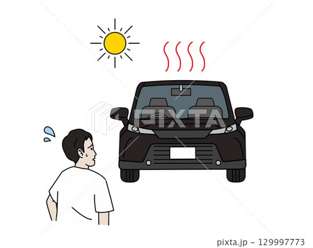 夏の車の暑さに困る男性のイラスト 129997773