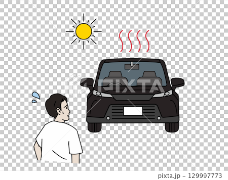 夏の車の暑さに困る男性のイラスト 129997773