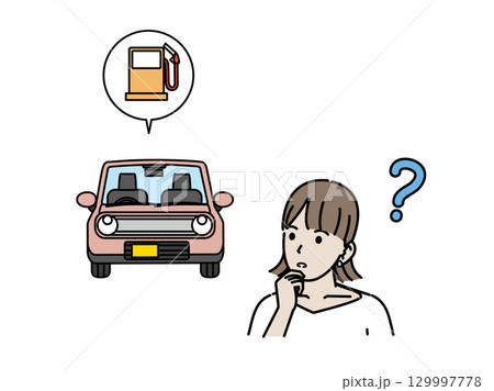 自動車のガソリンの入れ方について考える女性のイラスト 自動車のガソリンの入れ方について考える女性のイラスト 129997778