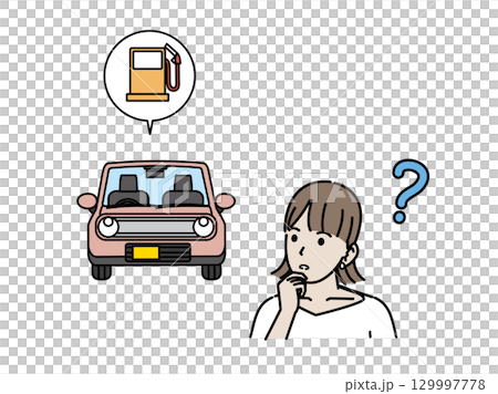 自動車のガソリンの入れ方について考える女性のイラスト 自動車のガソリンの入れ方について考える女性のイラスト 129997778