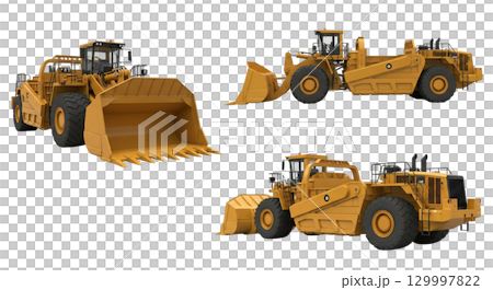 A powerful yellow soil scraper sits isolated with its large bowl ready for carrying soil. This heavy machinery is essential for construction and excavation projects in various terrains. 129997822