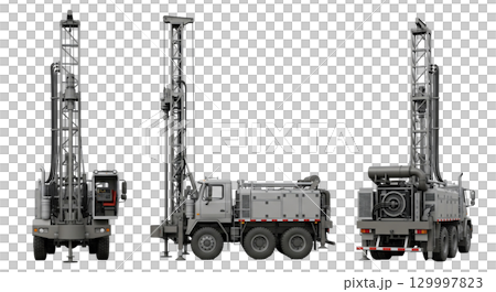 Large truck-mounted drilling rig is prepared for water well projects, featuring a vertical mast to facilitate deep drilling. Ideal for construction or rural water supply needs. 129997823