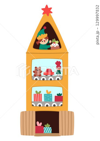 Santa Claus toy factory tower with windows showing conveyor belt with gift boxes, toys and elf making pudding or cake. Cute Christmas or New Year plant illustration for kids with presents 129997832