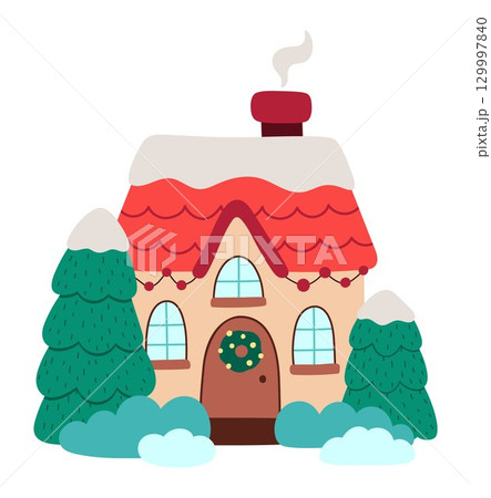 Vector colored cartoon decorated house with snow, garlands, fir trees. Cute Christmas home illustration isolated on white background. New Year or winter holiday cottage icon Vector colored cartoon decorated house with snow, garlands, fir trees. Cute Christmas home illustration isolated on white background. New Year or winter holiday cottage icon 129997840
