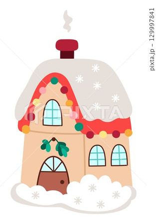 Vector colored cartoon decorated house with snow, garlands, snowflakes. Cute Christmas home illustration isolated on white background. New Year or winter holiday cottage icon Vector colored cartoon decorated house with snow, garlands, snowflakes. Cute Christmas home illustration isolated on white background. New Year or winter holiday cottage icon 129997841