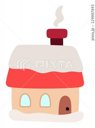 Vector minimalist cartoon house with roof covered with snow. Cute red Christmas home illustration isolated on white background. New Year or winter holiday cottage icon 129997843