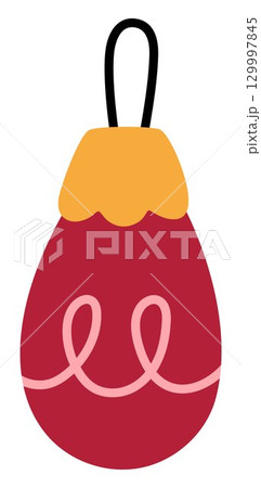 Vector decorated red Christmas ball for fir tree decor. Cute winter ornament illustration isolated on white background. New Year cartoon decoration element. Funny holiday icon Vector decorated red Christmas ball for fir tree decor. Cute winter ornament illustration isolated on white background. New Year cartoon decoration element. Funny holiday icon 129997845