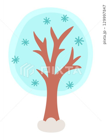 Vector cartoon Christmas tree clipart covered with snow and snowflakes. Cute new year symbol illustration for kids. Winter holiday plant icon isolated on white background 129997847