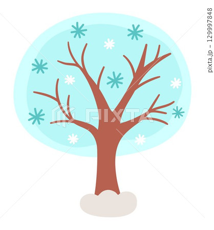Vector cartoon Christmas tree clipart covered with snow and snowflakes. Cute new year symbol illustration for kids. Winter holiday plant icon isolated on white background 129997848