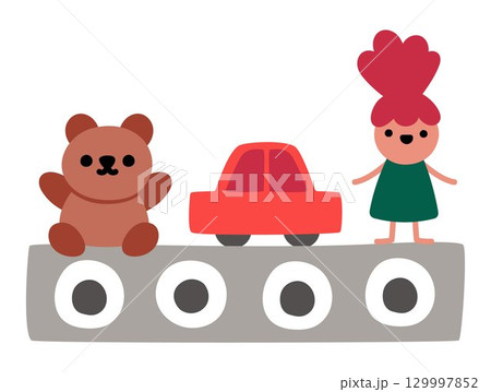 Vector conveyor belt with toys. Santa Claus toy factory element with teddy bear, car, doll isolated on white background. Cute Christmas or New Year plant illustration for kids Vector conveyor belt with toys. Santa Claus toy factory element with teddy bear, car, doll isolated on white background. Cute Christmas or New Year plant illustration for kids 129997852