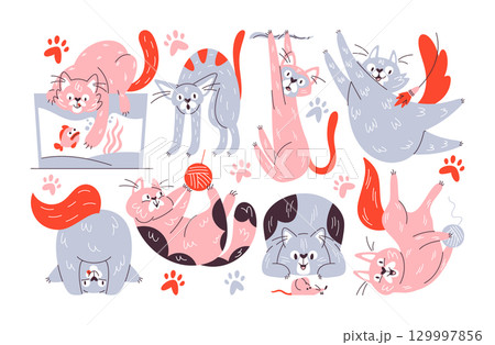 Active cats colorful hand drawn charming pets playful animal whimsical characters collection Active cats colorful hand drawn charming pets playful animal whimsical characters collection 129997856