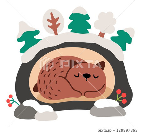 Vector cartoon brown bear sleeping in den covered with snow and trees. Christmas dreaming animal clipart. Cute new year symbol illustration for kids. Winter holiday icon isolated on white Vector cartoon brown bear sleeping in den covered with snow and trees. Christmas dreaming animal clipart. Cute new year symbol illustration for kids. Winter holiday icon isolated on white 129997865