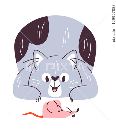 Funny comic cat hunting mouse 129997888