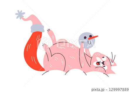 Funny Christmas cat playing snow 129997889