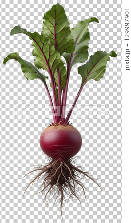 Beetroot plant with rich purple-red roots and lush green leaves is isolated on a transparent background, emphasizing its unique structure and color. Perfect for educational and culinary purposes. 129997901
