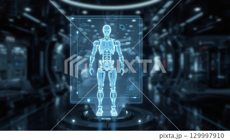 A detailed hologram of a lifelike robot displayed mid-air in a sleek high-tech environment, surrounded by futuristic digital elements and glowing blue light. 129997910