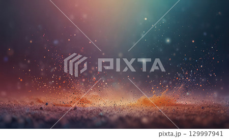Abstract colorful illustration of particle explosion with glowing dust in motion, dreamy futuristic background with vibrant gradient bokeh. Abstract background 129997941