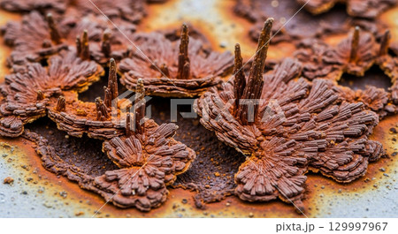 Detailed examination of a metal surface shows corrosion patterns, with notable rust crystal formation and pitting indicating material degradation over time. 129997967