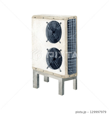 Inverter heat pumps for heating of homes. Alternative air source generator energy isolated watercolor illustration. Renewable green energetic resource. For web sites design, environmental protection 129997979