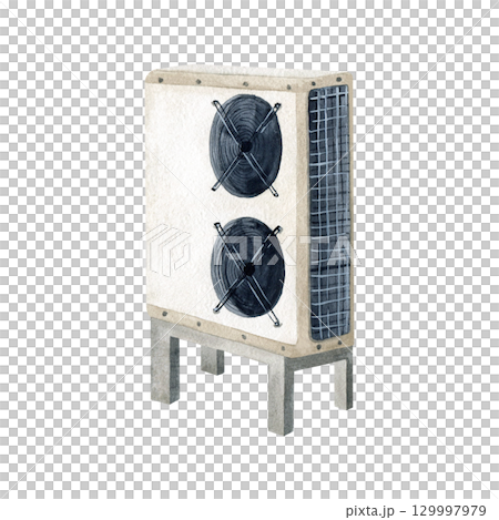 Inverter heat pumps for heating of homes. Alternative air source generator energy isolated watercolor illustration. Renewable green energetic resource. For web sites design, environmental protection 129997979