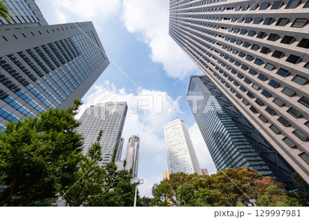 街路樹と高層ビルを見上げるオフィス街の風景 129997981