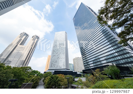街路樹と高層ビルを見上げるオフィス街の風景 129997987