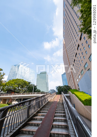 街路樹と高層ビルと歩道橋を見上げるオフィス街の風景 街路樹と高層ビルと歩道橋を見上げるオフィス街の風景 129998001