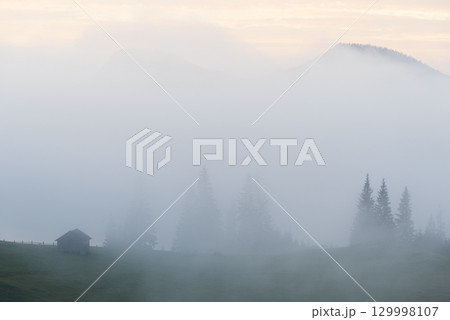 Autumn Morning Fog In Mountain Village With Barn Autumn Morning Fog In Mountain Village With Barn 129998107