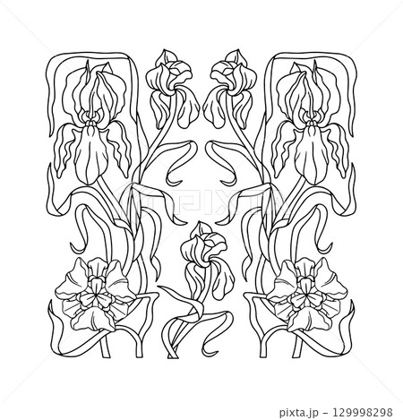 Art nouveau style modern hand drawn iris flowers symmetrical composition for coloring page 129998298