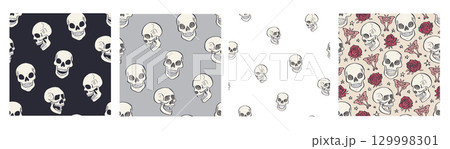 Halloween seamless pattern set with hand drawn floral skulls with luna moths and roses Halloween seamless pattern set with hand drawn floral skulls with luna moths and roses 129998301