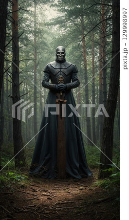 A mysterious dark knight with a skull mask stands solemnly in a misty forest, holding a large medieval sword upright amidst tall pine trees and earthy ground. 129998997
