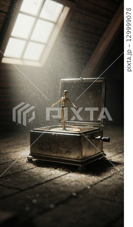 An old tarnished music box with an open lid reveals a tiny golden skeleton figurine dancing in a dusty attic, illuminated by a bright sunbeam from a high window. An old tarnished music box with an open lid reveals a tiny golden skeleton figurine dancing in a dusty attic, illuminated by a bright sunbeam from a high window. 129999078