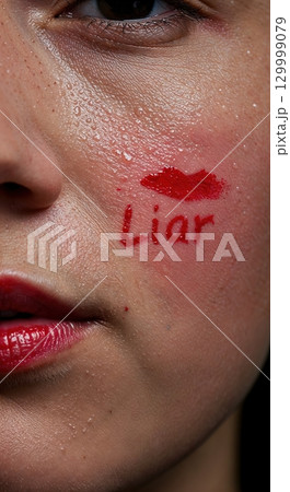 A hyperrealistic closeup of a person's face features a red lipstick mark and the word "Liar" painted on a wet, reddened cheek, framed by a dark, contrasting background. A hyperrealistic closeup of a person's face features a red lipstick mark and the word "Liar" painted on a wet, reddened cheek, framed by a dark, contrasting background. 129999079