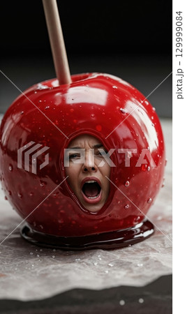 A detailed closeup of a vibrant red candy apple featuring a woman's face trapped inside, screaming with wide-open mouth, the glossy surface reflecting light. A detailed closeup of a vibrant red candy apple featuring a woman's face trapped inside, screaming with wide-open mouth, the glossy surface reflecting light. 129999084