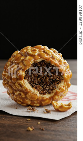 A spherical dessert-like object, partially consumed and coated in a golden-brown glaze, exposes a dense cluster of small, dark, insectoid forms within its core, presented on a napkin. 129999107