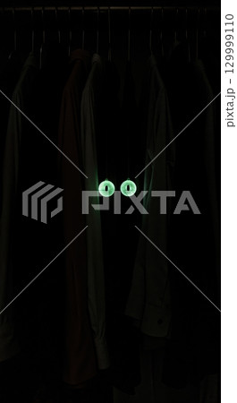 A dark closet reveals two glowing green circular objects resembling mysterious eyes peering from behind hanging garments, creating an eerie and intriguing atmosphere. 129999110
