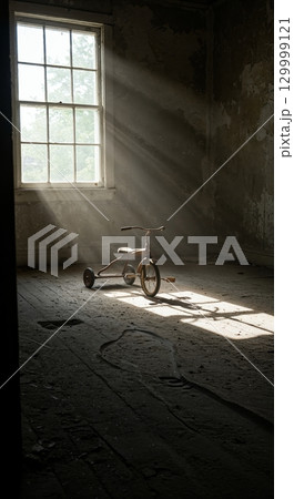 A vintage tricycle stands alone in a dusty, abandoned room, illuminated by dramatic sunbeams streaming through a tall, gridded window, highlighting the decaying interior. 129999121