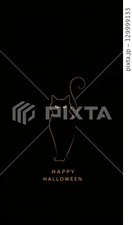 A minimalist Halloween illustration featuring a silhouetted black cat with glowing yellow eyes and an orange outline, standing on a dark background with "Happy Halloween" text. 129999133
